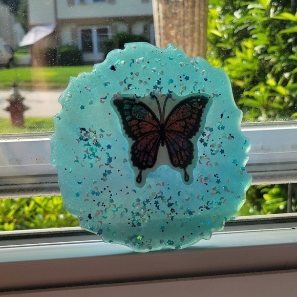 NEW Handmade Blue Resin Tray/ Coaster Piece With Butterfly And Moons Etc. - Picture 4 of 12
